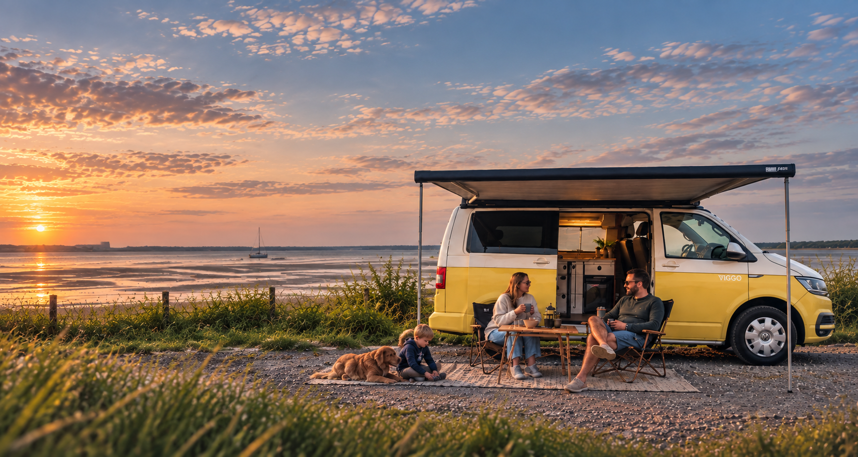 Viggo campervan bij een meer tijdens zonsondergang